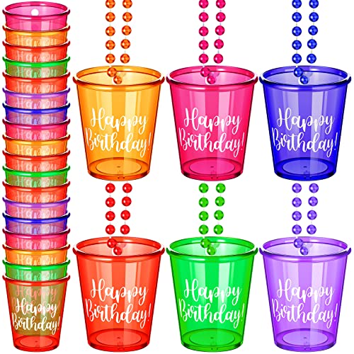 Sureio 24 Pack Shot Cup Glass on Beaded Necklace Shot Glass Necklaces Plastic Shot Cups for Birthday Party Happy Wedding Festival Parade FavorMulti Color
